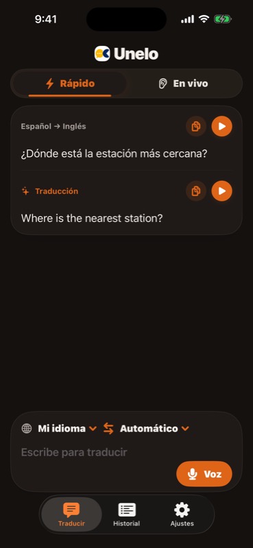 Unelo en español: traducción rápida de ¿Dónde está la estación más cercana? del español al inglés, con controles para copiar, escuchar y grabar voz.